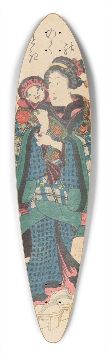 Yoshitoro - Woman Holding Baby with Cap; Dog and Cat 39.3 inch art pintail longboard deck