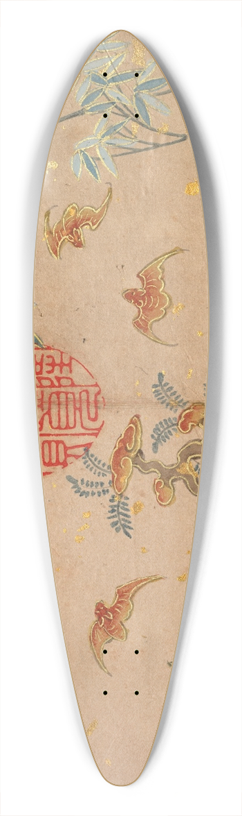 Zhang Ruoai - Bats, rocks, flowers oval calligraphy 39.3 inch art pintail longboard deck