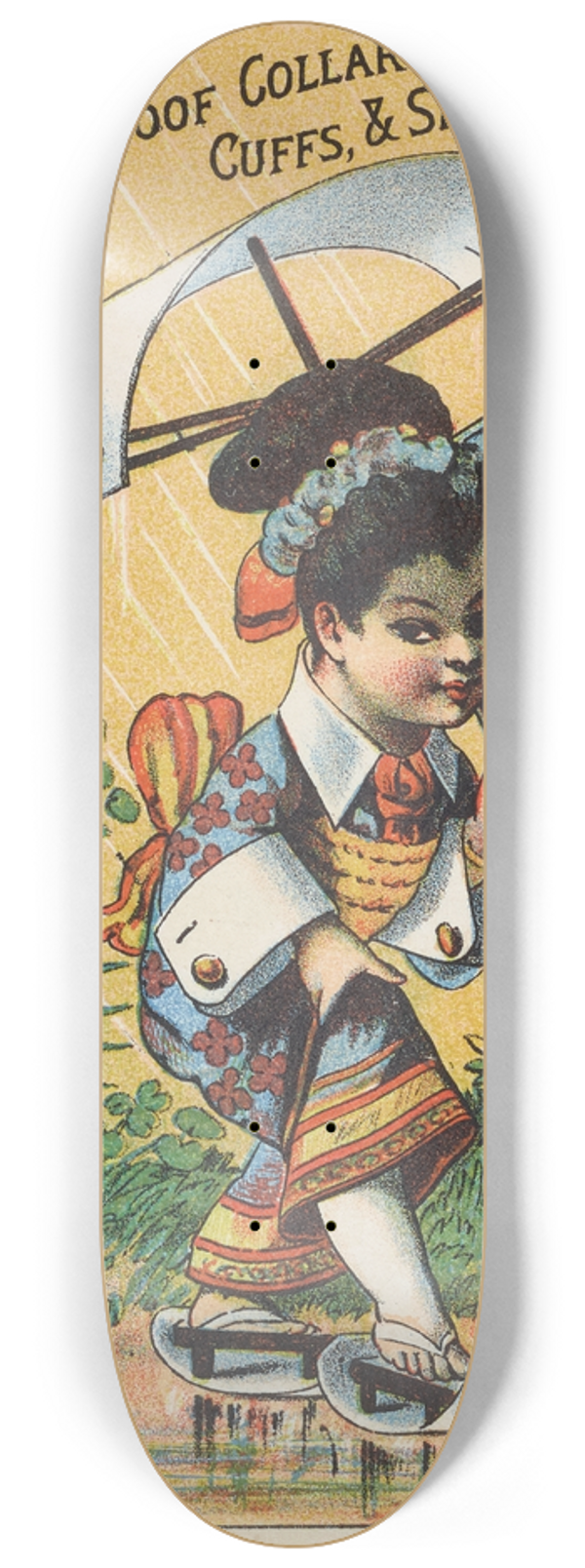 Donaldson Brothers - Trade card for celluloid waterproof collars, cuffs, and shirt bosoms 8.25 inch art skate deck
