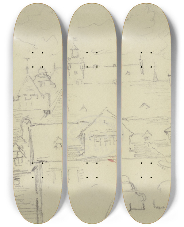 Triptych art skateboard deck of Anton Burger Kronberg Castle by Anton Burger (1824-1905)