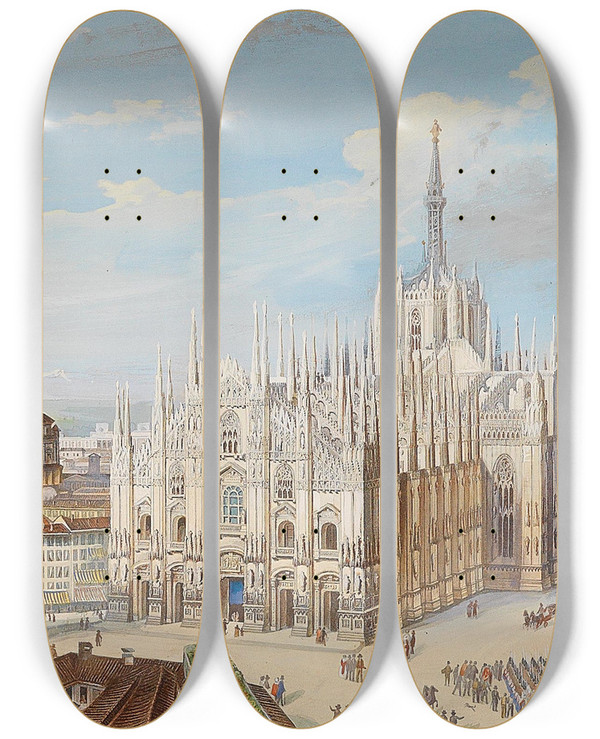 Triptych art skateboard deck of Leopoldo Calvi Panorama Von Mailand_1 by Leopoldo Calvi (19-)