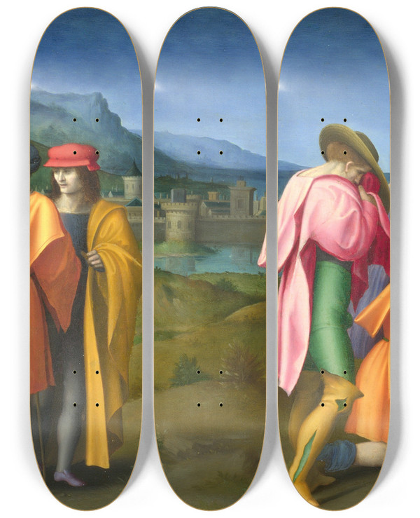 Triptych art skateboard deck of Bacchiacca Joseph Pardons His Brothers by Bacchiacca (1494-1557)