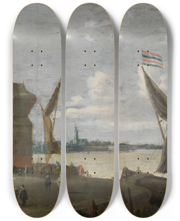 Triptych art skateboard deck of Bonaventura Peeters The Elder The Antwerp Shipyard by Bonaventura Peeters The Elder (1614-1652)
