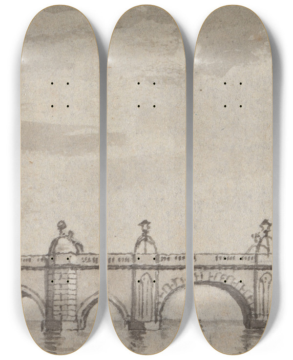 Triptych art skateboard deck of Samuel Wale London Bridge by Samuel Wale (1721-1786)