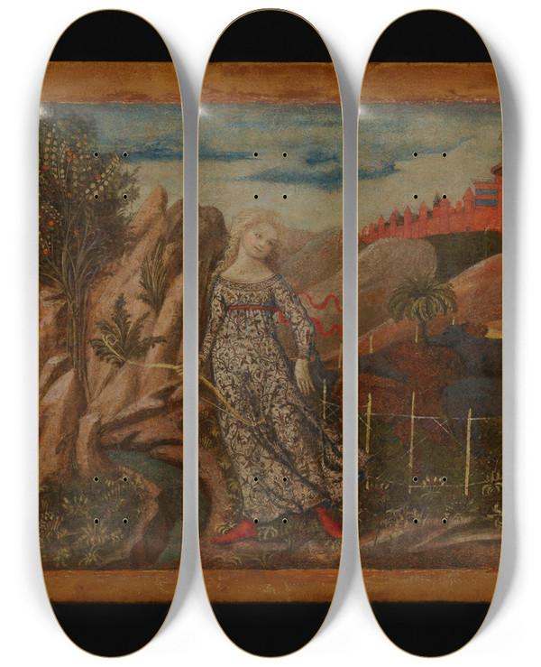 Triptych art skateboard deck of Francesco Di Giorgio Martini The Story Of Oenone And Paris by Francesco Di Giorgio Martini (1439-1501)