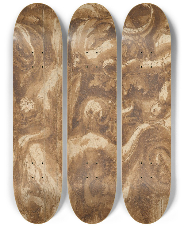 Triptych art skateboard deck of Lelio Orsi Ornamental Frieze by Lelio Orsi (1511-1587)