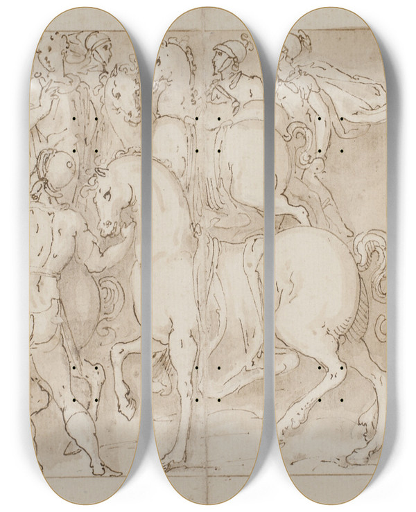 Triptych art skateboard deck of Giovanni Guerra Sarmaterne Underkaster Sig Kejseren Romerne Angriber Barbarer by Giovanni Guerra (1544-1618)