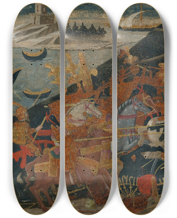 Triptych art skateboard deck of Workshop Of Apollonio Di Giovanni The Battle Of Pharsalus And The Death Of Pompey by Workshop of Apollonio di Giovanni (1416-1465)