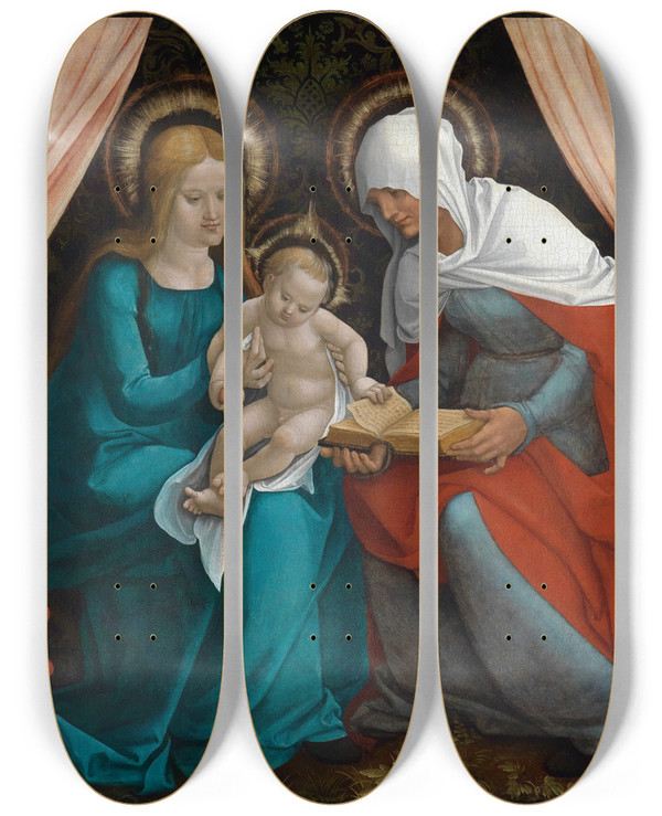 Triptych art skateboard deck of Hans Baldung Markgraf Christoph I Von Baden Mit Seiner Familie In Anbetung Vor Der Heiligen Anna Selbdritt by Hans Baldung (1484-1545)