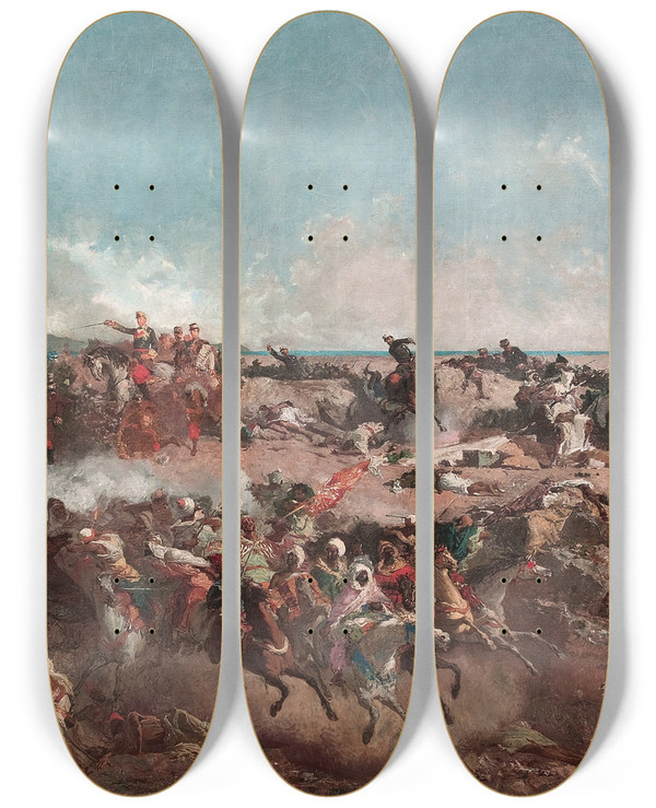Triptych art skateboard deck of Mariano Fortuny Marsal The Battle Of Tetouan by Mariano Fortuny Marsal (1838-1874)