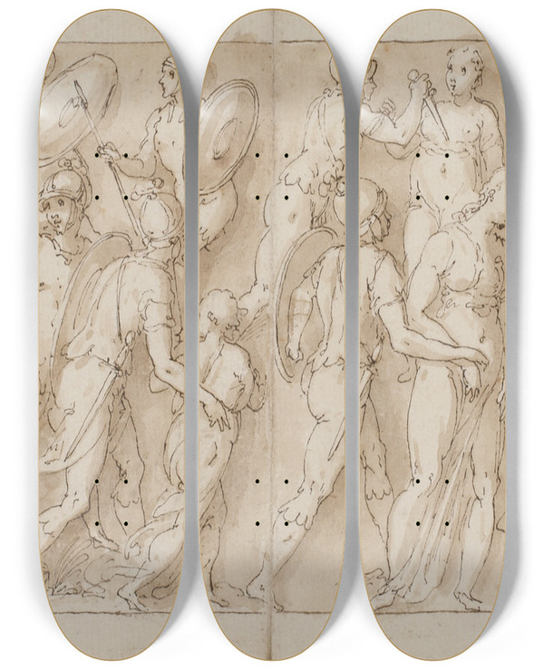 Triptych art skateboard deck of Giovanni Guerra Sarmatiske Adelsmnd Nedkmpes Deres Kvinder Og Brn Tilfangetages Afrejse Og Kamp Mellem Romere Og Sarmatere by Giovanni Guerra (1544-1618)