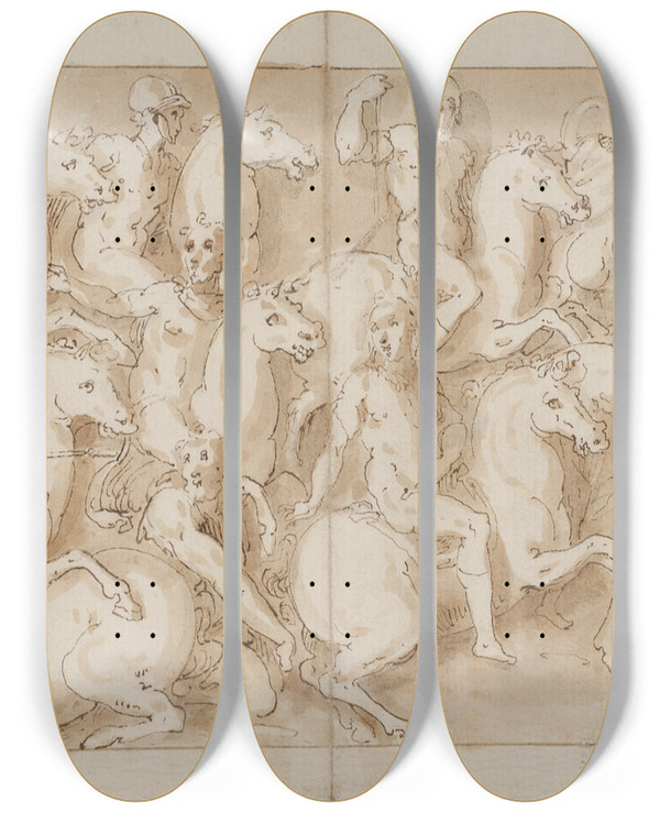 Triptych art skateboard deck of Giovanni Guerra En Germansk Landsby Delgges De Flygtende Germanere Forflges Kvinder Ikke Afbilledet Af Guerra Og Dyr Fres Bort by Giovanni Guerra (1544-1618)