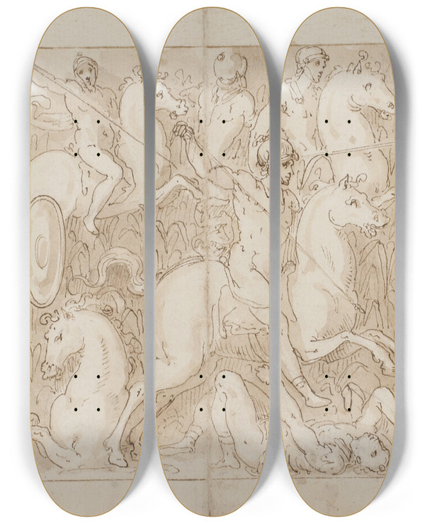 Triptych art skateboard deck of Giovanni Guerra Afslutningen P En Restaureret Del Af Sjlen Sarmaterne Jages Ud I Sumpen Romerne Angriber En Germansk Fstning by Giovanni Guerra (1544-1618)