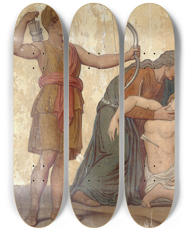 Triptych art skateboard deck of Sbastien Melchior Cornu Massacre Des Niobides by Sebastien Melchior Cornu (1804-1870)