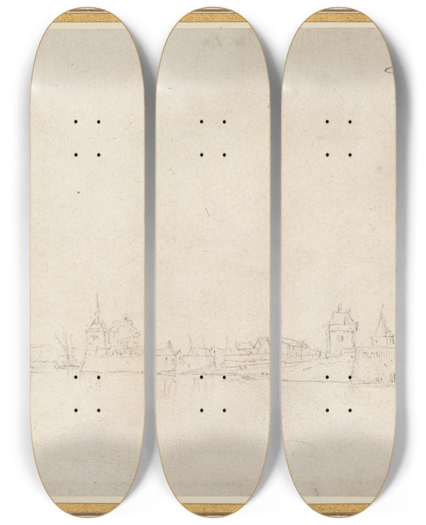 Triptych art skateboard deck of Wenceslaus Hollar View Of Orsoy by Wenceslaus Hollar (1607-1677)