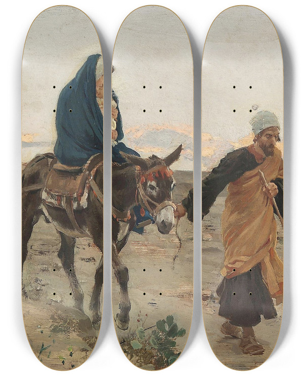 Triptych art skateboard deck of Raffaello Sorbi Flucht Nach Gypten_2 by Raffaello Sorbi (1844-1931)