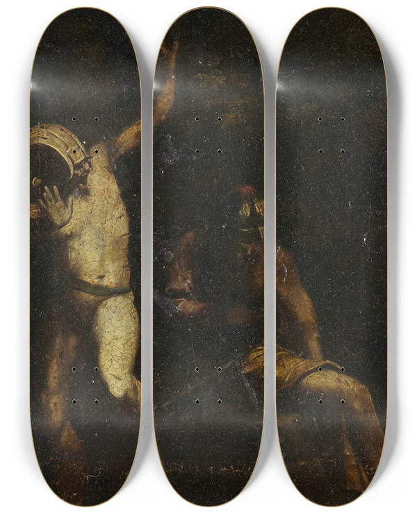 Triptych art skateboard deck of Raffaellino Dal Colle Resurrection by Raffaellino dal Colle
