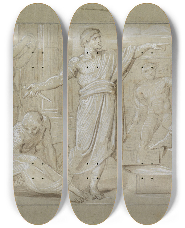 Triptych art skateboard deck of Moritz Von Schwind Der Tod Der Virginia by Moritz Von Schwind (1804-1871)