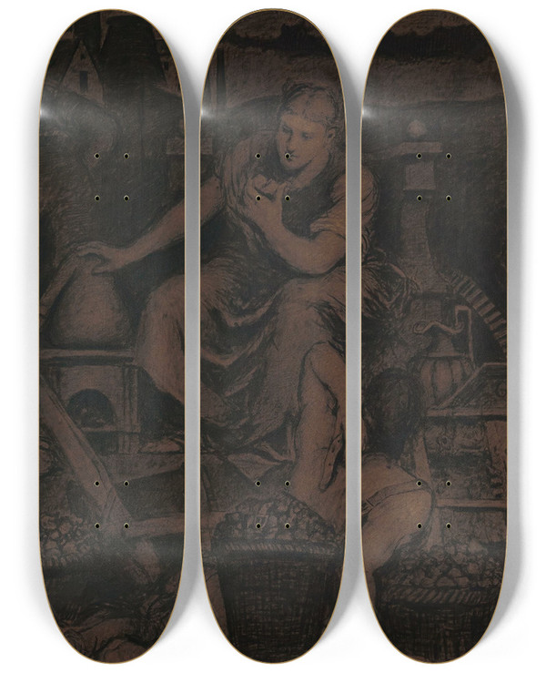 Triptych art skateboard deck of Xavier Mellery The Metallurgical Industry by Xavier Mellery (1845-1921)