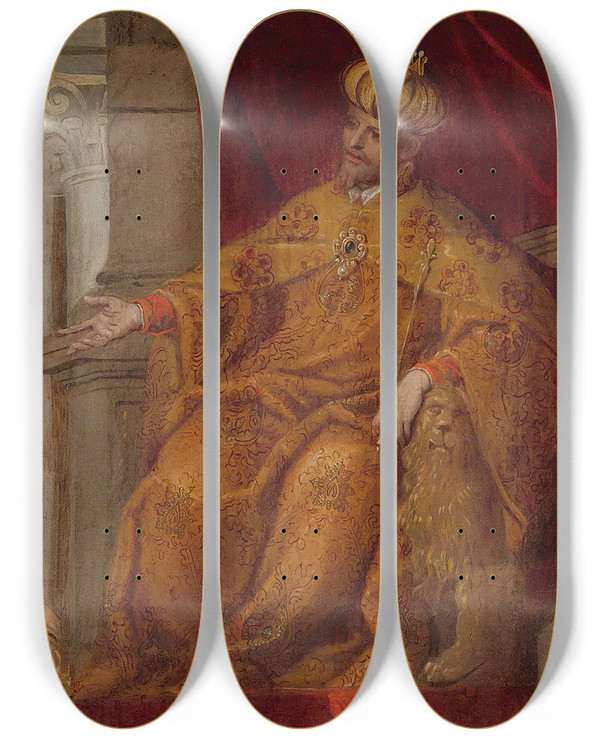 Triptych art skateboard deck of Bonifacio Veronese The Queen Of Sheba Before Solomon by Bonifacio Veronese (1487-1553)