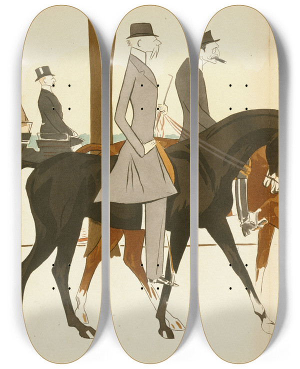 Triptych art skateboard deck of Georges Goursat Sem Marthe Ely Monsieur Uribarren De Beaumont Lindermann Madame Heusman Monsieur La Caze by Georges Goursat (Sem) (1863-1934)