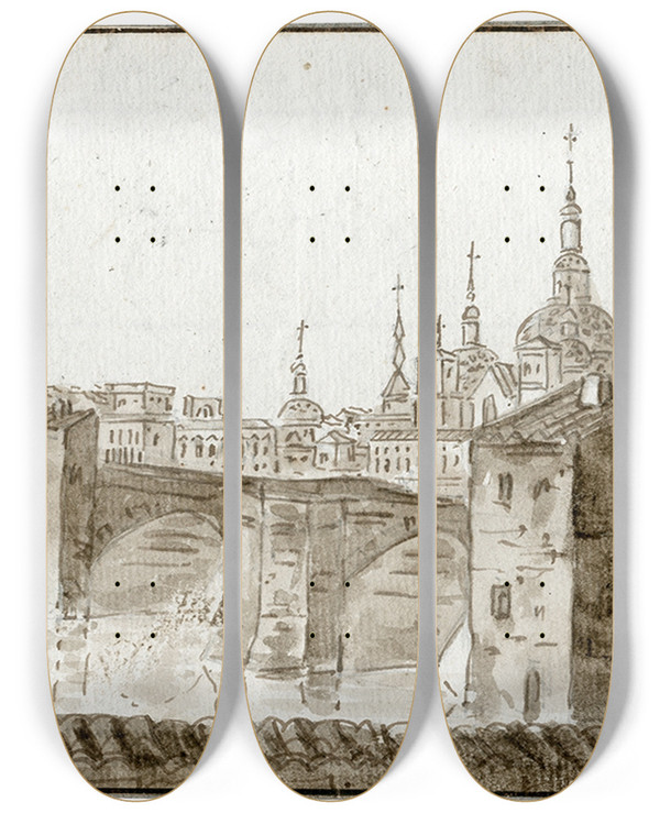 Triptych art skateboard deck of Otto Howen Gezicht Op Saragossa_2 by Otto Howen (1774-1848)