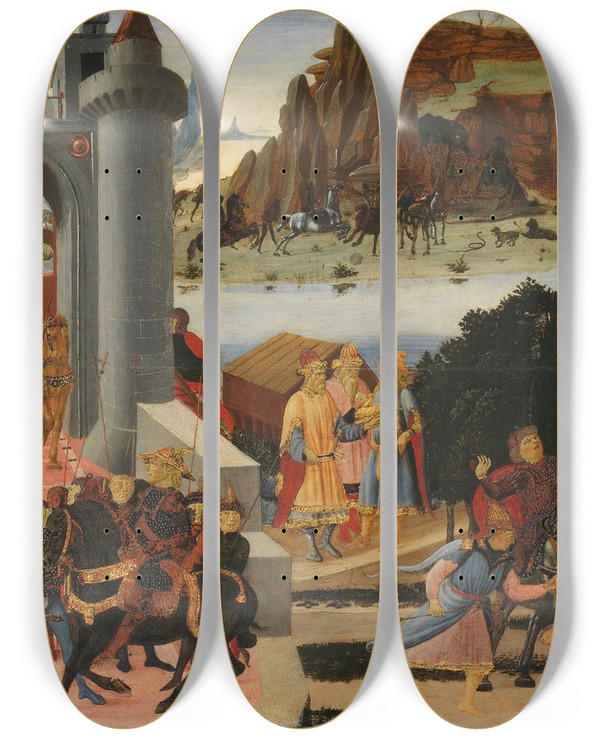 Triptych art skateboard deck of Jacopo Del Sellaio Scenes From The Story Of The Argonauts by Jacopo del Sellaio (1441-1493)