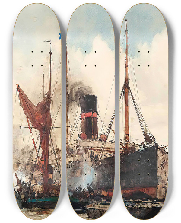 Triptych art skateboard deck of Charles Edward Dixon Above Greenwich by Charles Edward Dixon (1872-1934)