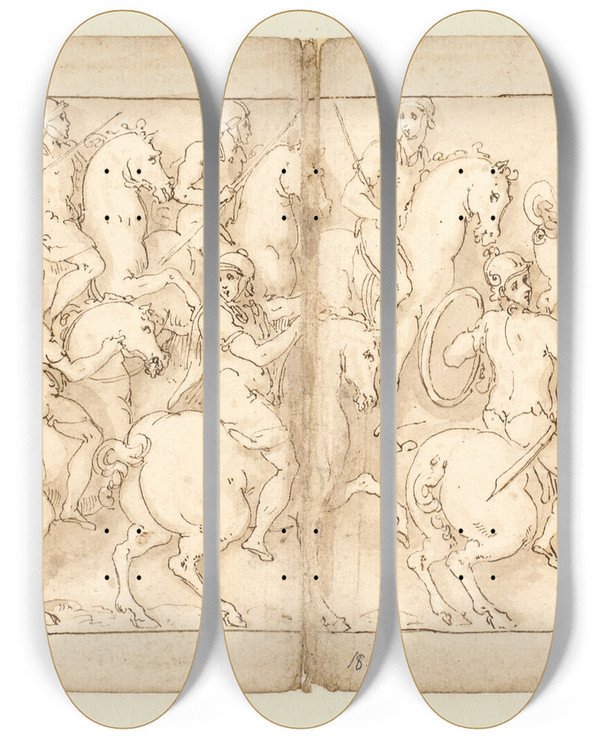 Triptych art skateboard deck of Giovanni Guerra Marcus Aurelius Drager Afsted Over En Bro Med Infanteri Og Kavaleri Sarmaterne Drives Tilbage Af Fremrykkende Romere by Giovanni Guerra (1544-1618)