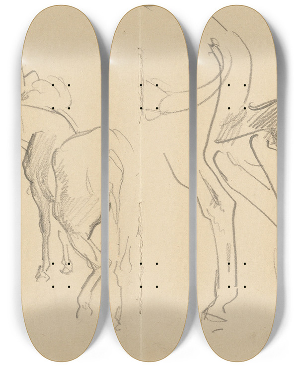 Triptych art skateboard deck of John Singer Sargent Studies For Shoeing Calvary Horses At The Front Recto by John Singer Sargent (1856-1925)