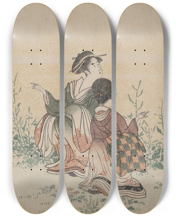 Triptych art skateboard deck of Kubo Shunman Four Girls And A Servant Enjoying Wild Flowers Andbutterflies by Kubo Shunman (1757-1820)