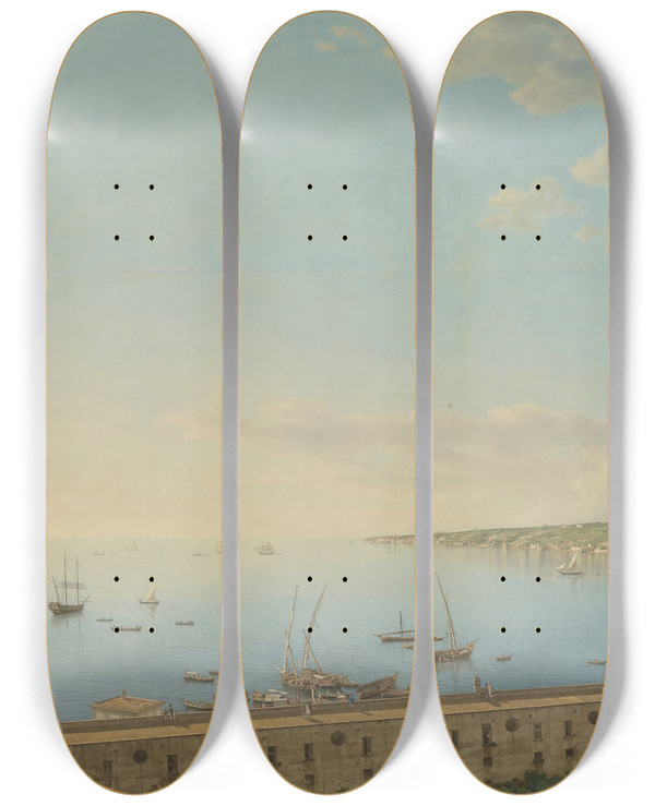 Triptych art skateboard deck of Giovanni Battista Lusieri A View Of The Bay Of Naples Looking Southwest From The Pizzofalcone Towards Capo Di Posilippo by Giovanni Battista Lusieri (1755-1821)