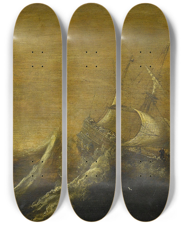 Triptych art skateboard deck of Andries Van Eertvelt Ships In A Storm by Andries Van Eertvelt (1590-1652)