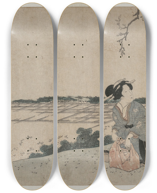 Triptych art skateboard deck of Yanagawa Shigenobu Two Women On A Hilltop by Yanagawa Shigenobu (1787-1832)