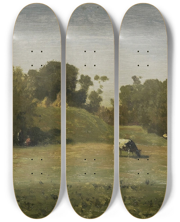Triptych art skateboard deck of Paul Joseph Constantin Gabril Landscape Near Abcoude by Paul Joseph Constantin Gabriel (1828-1903)