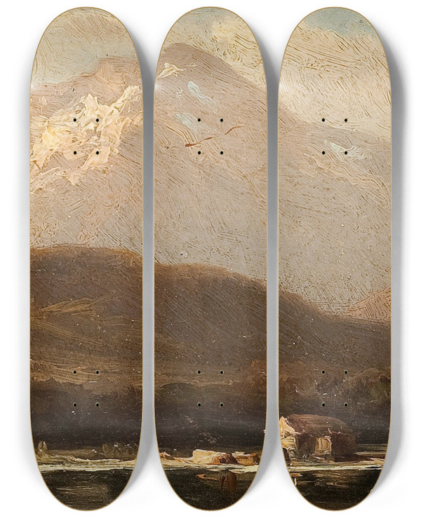 Triptych art skateboard deck of Hugo Ullik Scenic View Of Lake Ammersee_1 by Hugo Ullik (1838-1881)