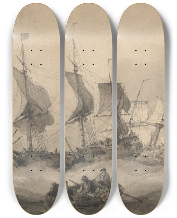 Triptych art skateboard deck of Samuel Owen Shipping On A Stormy Day by Samuel Owen