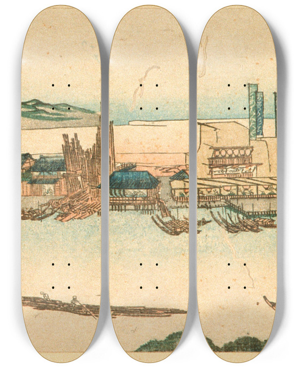 Triptych art skateboard deck of Utagawa Kuniyoshi Sumida River Scene by Utagawa Kuniyoshi (1797-1861)
