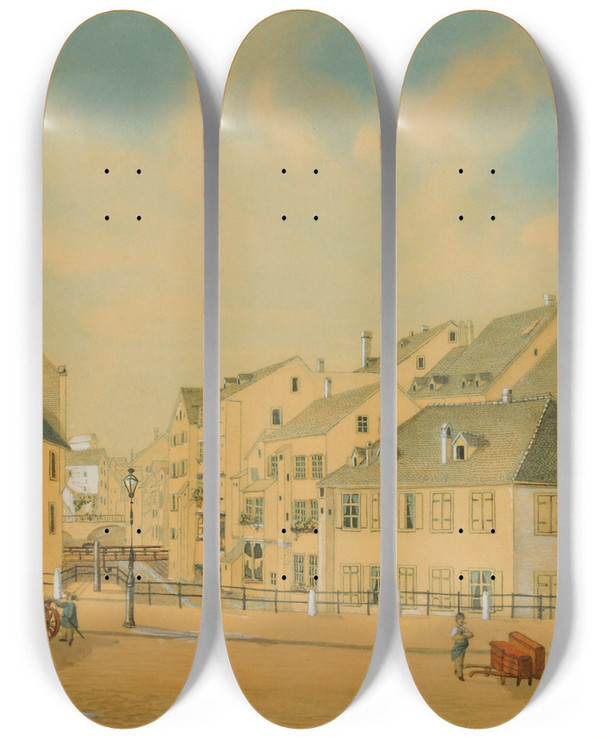 Triptych art skateboard deck of Johann Jakob Schneider Steinenberg Und Birsig In Basel by Johann Jakob Schneider (1822-1889)