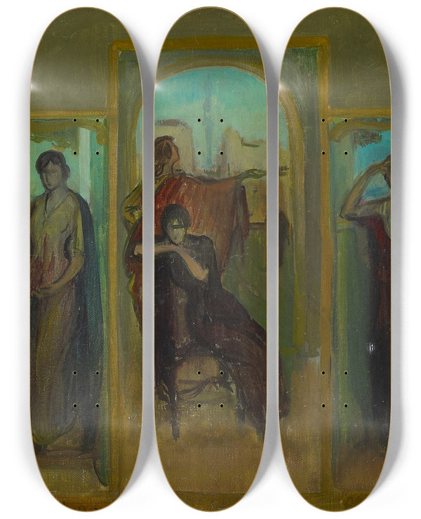 Triptych art skateboard deck of Julio Romero De Torres Sketch Of The Poem Of Crdoba by Julio Romero De Torres (1874-1930)