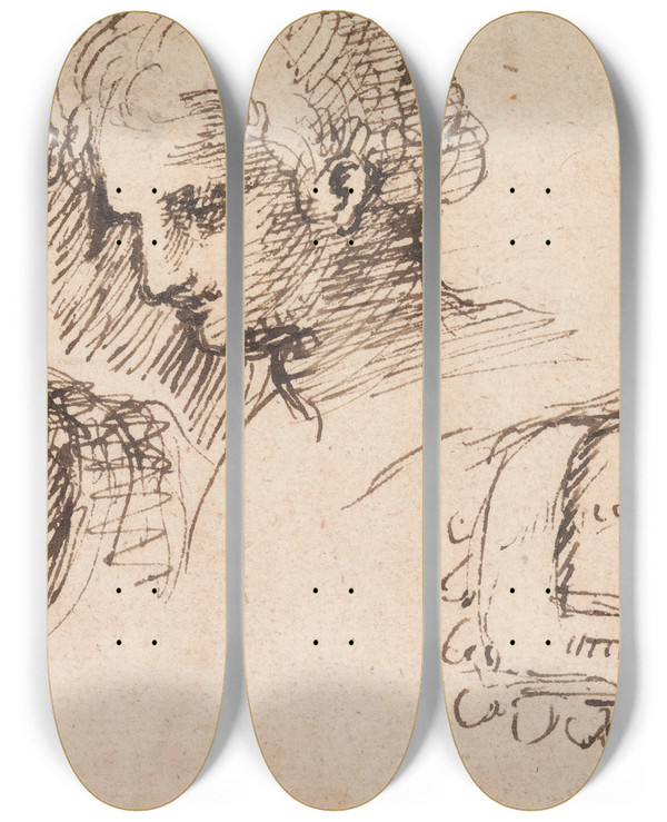 Triptych art skateboard deck of Inigo Jones Five Classical Heads by Inigo Jones