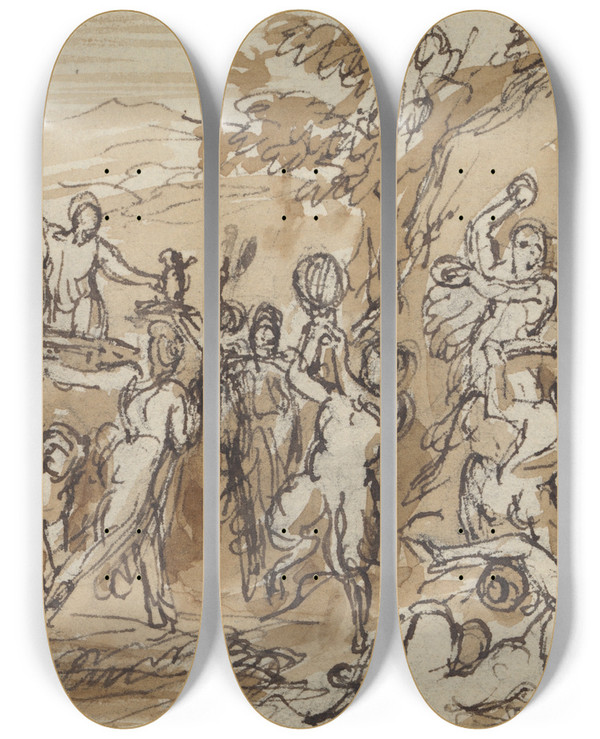 Triptych art skateboard deck of Robert Smirke Figure Study Of A Bacchanalia Celebration In A Wooded Landscape 2 by Robert Smirke (1752-1845)