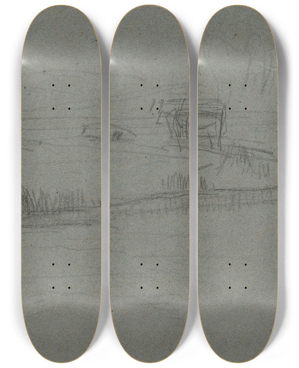 Triptych art skateboard deck of Constant Troyon River Bank With Cattle by Constant Troyon (1810-1865)