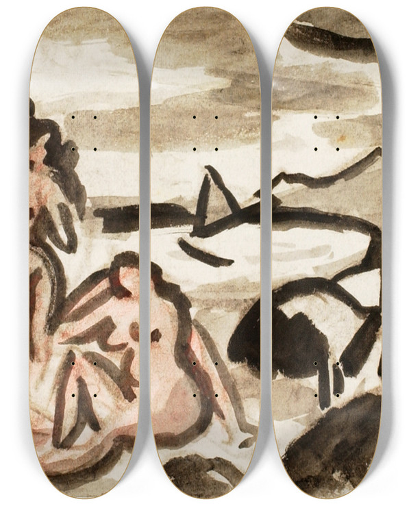 Triptych art skateboard deck of Carl Newman Group Of Female Nudes by Carl Newman (1858-1932)