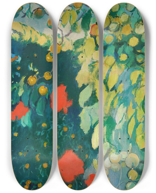 Triptych art skateboard deck of Joaquin Mir Trinxet Paisaje Enmarcado Por Grandes Rboles Verdantlandscape by Joaquin Mir Trinxet (1873-1940)