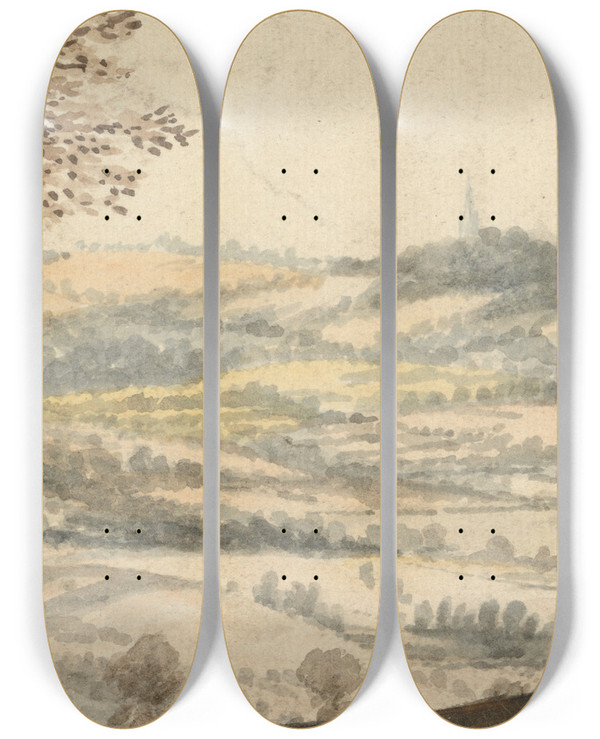 Triptych art skateboard deck of Peter Tillemans Landscape With Two Figures In The Foreground by Peter Tillemans (1684-1734)