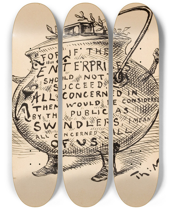 Triptych art skateboard deck of Thomas Nast Pot And Kettle by Thomas Nast (1840-1902)