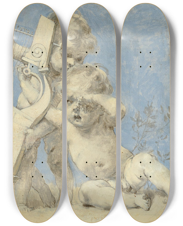 Triptych art skateboard deck of Vojtch Hynais Putti With A Bust Of Homer by Vojtech Hynais (1854-1925)