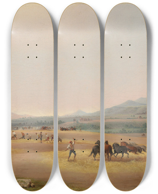 Triptych art skateboard deck of John Gadsby Chapman Harvest On The Roman Campagna by John Gadsby Chapman (1808-1889)