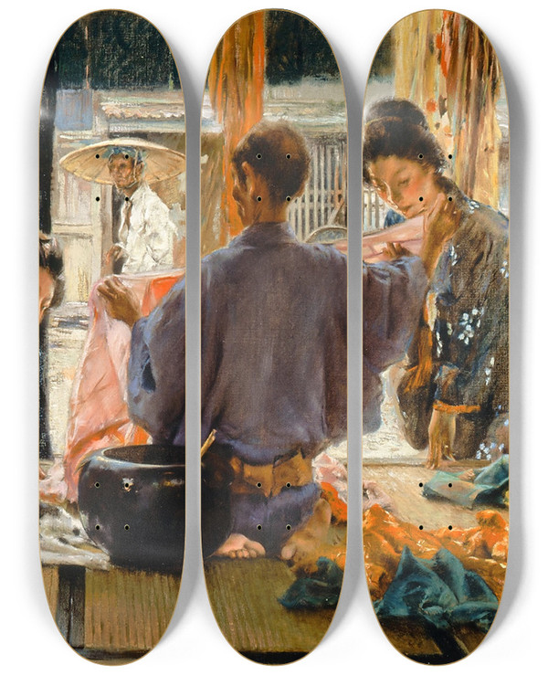 Triptych art skateboard deck of Robert Frederick Blum The Silk Merchant Japan by Robert Frederick Blum (1857-1903)
